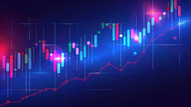 Gráfico de candlestick de negocios del comercio de inversiones en el mercado de valores sobre un fondo azul