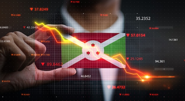 Gráfico cayendo en frente de la bandera de Burundi. Concepto de crisis