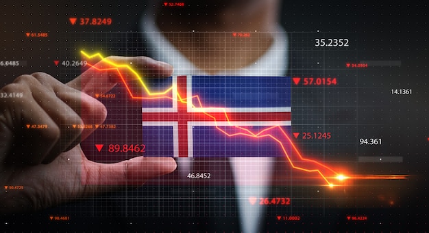 Foto gráfico cayendo en frente de la bandera de islandia. concepto de crisis