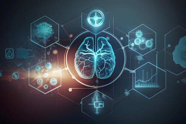 Un gráfico de un cerebro rodeado por un conjunto de íconos que incluyen un diagrama de un ser humano.