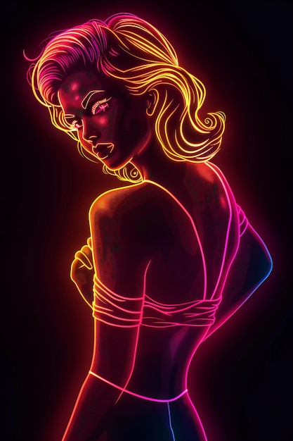 Gráfico de chica pinup de neón en fondo negro minimalista y limpio