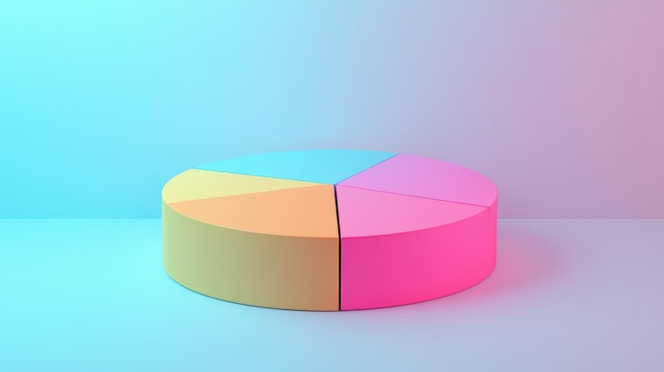 Foto un gráfico circular 3d colorido con cuatro secciones en un fondo de gradiente azul y púrpura
