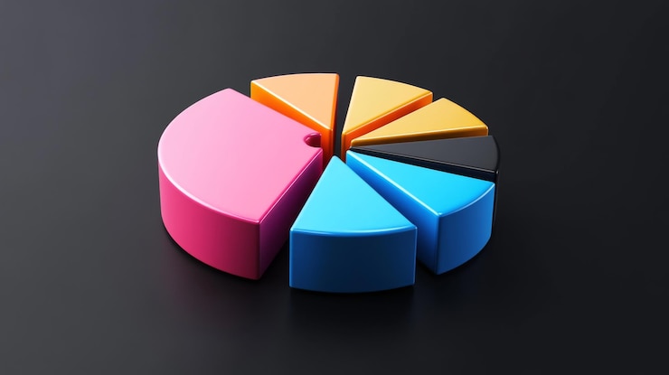 Foto un gráfico circular 3d que muestra la distribución de la cuota de mercado entre varias empresas con secciones etiquetadas en colores en negrita colocadas sobre un fondo negro elegante para mejorar la visibilidad