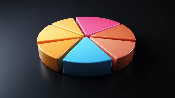 Foto un gráfico circular 3d que muestra la distribución de la cuota de mercado entre varias empresas con secciones etiquetadas en colores en negrita colocadas sobre un fondo negro elegante para mejorar la visibilidad