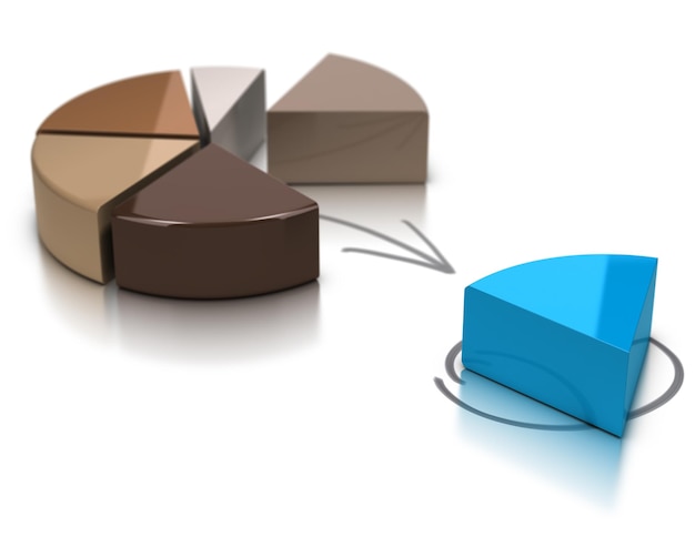 Foto gráfico circular marrón sobre un fondo blanco con un segmento azul en primer plano, ilustración 3d adecuada para la cuota de mercado o el concepto financiero.