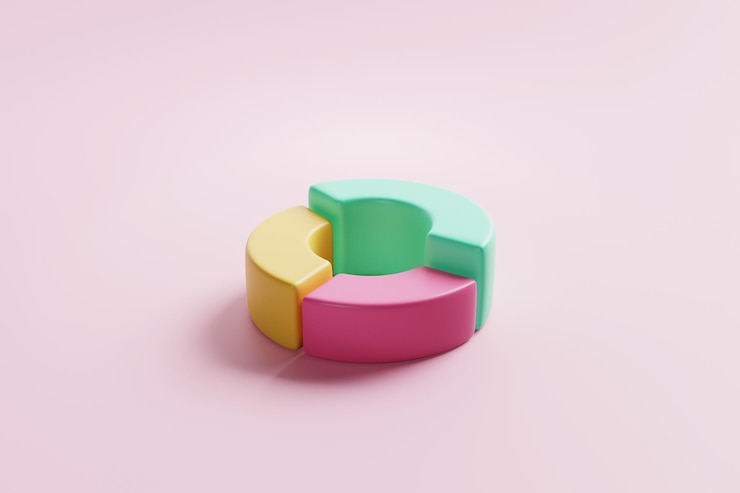 Foto gráfico circular o de anillos 3d y diagrama gráfico en la ilustración de estadísticas comerciales sobre fondo rosa análisis de datos de marketing en el icono de información infográfica y representación 3d de símbolos