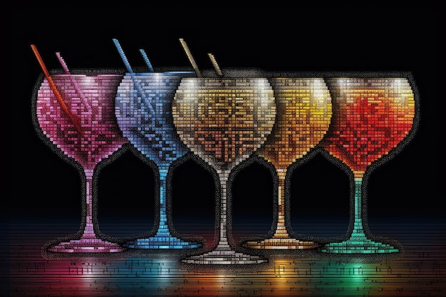 Un gráfico colorido de un bar con una fila de coloridos cócteles.