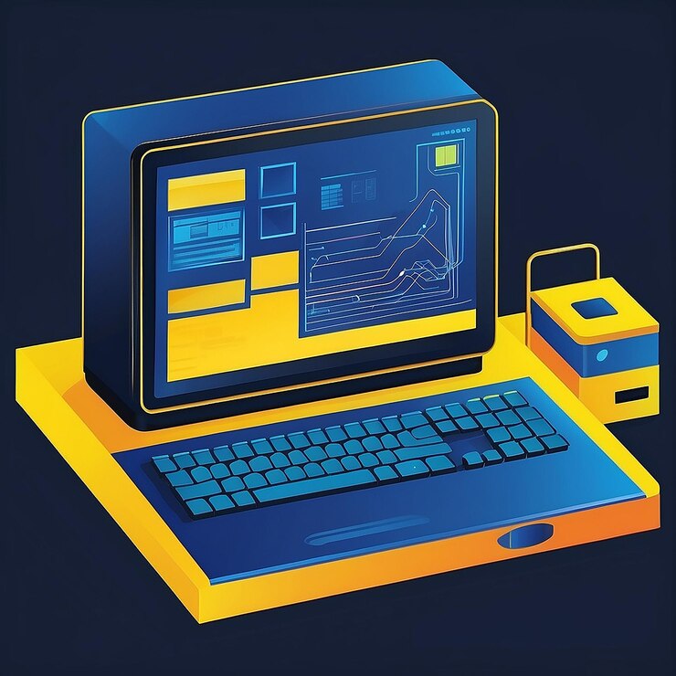Foto un gráfico colorido de una computadora con un diseño azul y amarillo