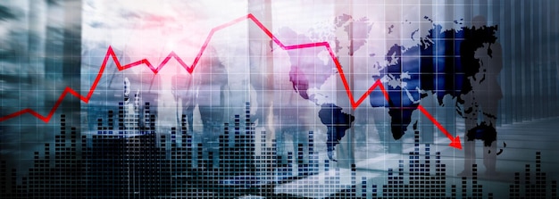 Gráfico com seta vermelha para baixo no fundo abstrato crescimento em queda nos negócios