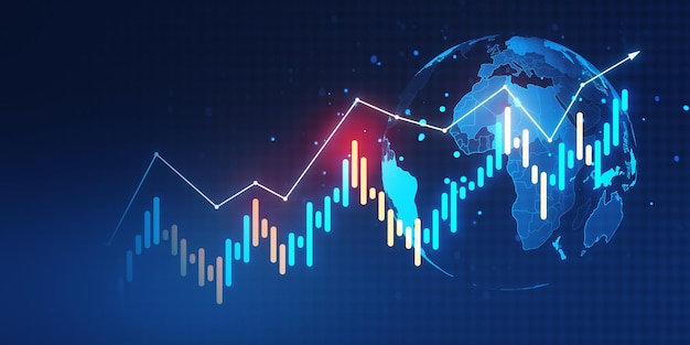 Gráfico de comercio de divisas con datos del mercado global en un fondo digital Renderización 3D