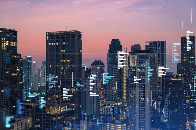 Foto gráfico de comportamiento del mercado holograma puesta de sol vista panorámica de la ciudad de bangkok ubicación popular para lograr un título financiero en el sudeste asiático el concepto de análisis de datos financieros doble exposición