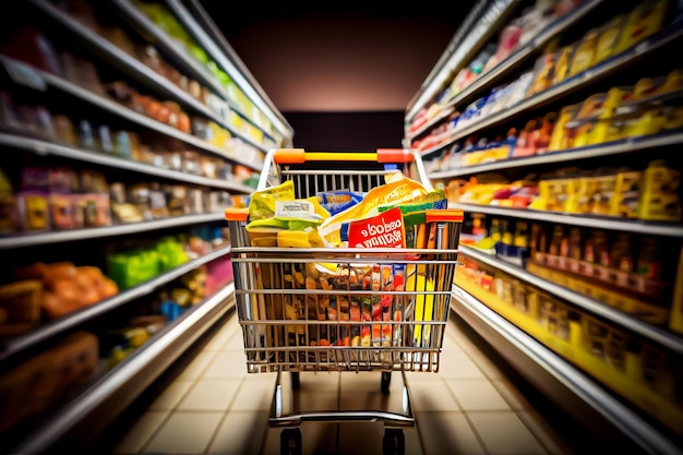 Gráfico de compras lleno de comida en el supermercado