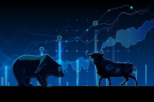 Gráfico de concepto de bolsa de bolsa de toro y oso en el mundo de fondo azul oscuro 3D Rendering