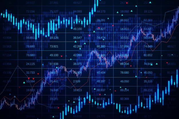 Gráfico creativo de candlestick forex con índice en fondo oscuro Finanzas comerciales y concepto de bolsa de valores Renderización 3D
