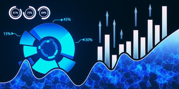 Foto gráfico creativo de negocios digitales en fondo oscuro análisis del mercado de valores brillante y análisis de datos de grandes empresas renderización 3d