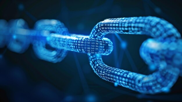 Un gráfico creativo que representa una cadena hecha de código digital que simboliza las conexiones seguras entre