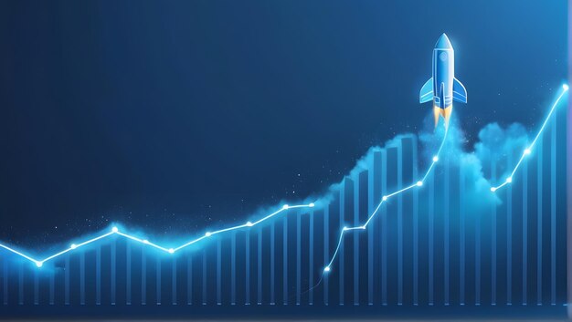 Gráfico de crecimiento abstracto con cohete de lanzamiento en fondo azul tecnológico