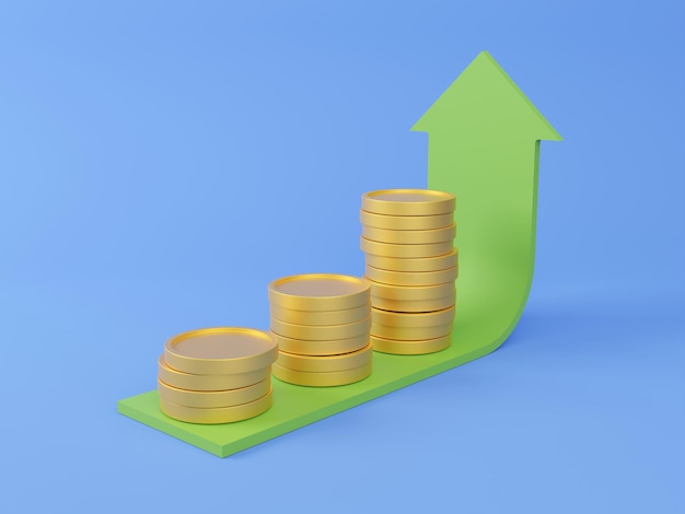 Gráfico de crecimiento de beneficios en una pila de monedas aisladas sobre fondo blanco ilustración 3d