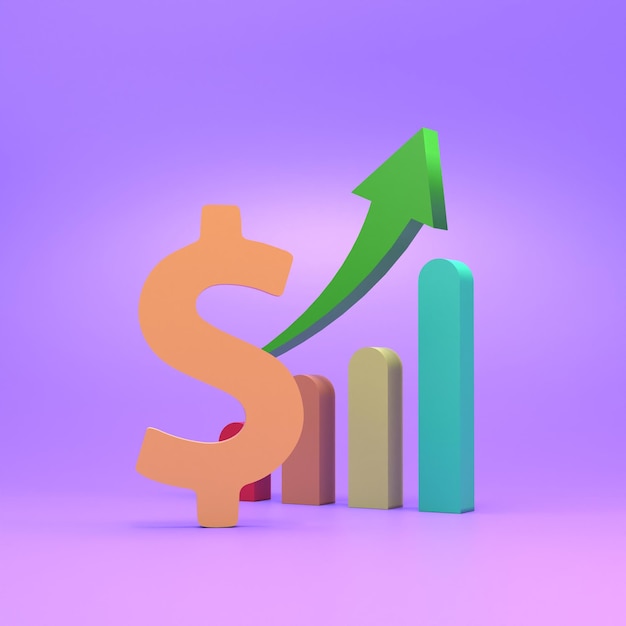 Gráfico de crecimiento y dólar Concepto de finanzas y rentabilidad 3d render