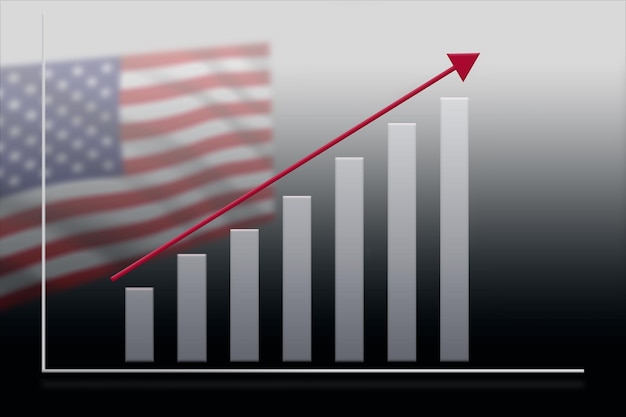 Gráfico de crecimiento económico en el contexto de la foto de la bandera estadounidense con un lugar para el texto