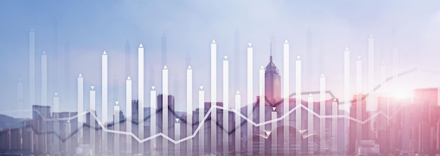 Gráfico de crecimiento financiero diagrama gráfico análisis big data comercio inversión concepto ciudad vista horizonte sitio web encabezado banner doble exposición