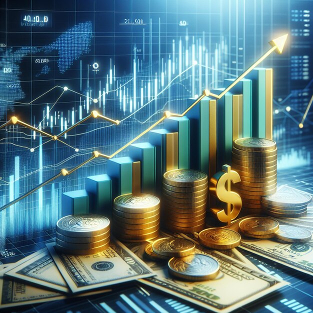 Gráfico de crecimiento financiero con gráfico 3D del mercado de valores y el concepto de inversión y ganancias de la flecha dorada