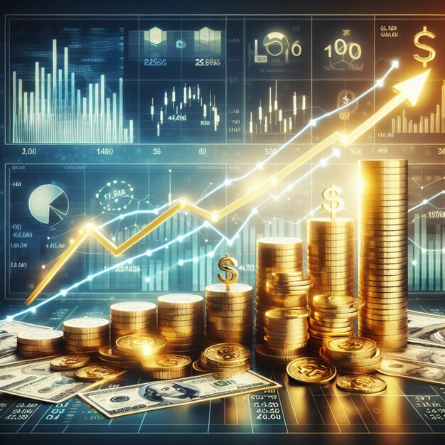 Gráfico de crecimiento financiero con gráfico 3D del mercado de valores y el concepto de inversión y ganancias de la flecha dorada
