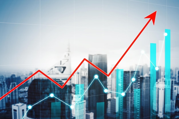 Gráfico de crecimiento y flecha hacia arriba con ciudad moderna