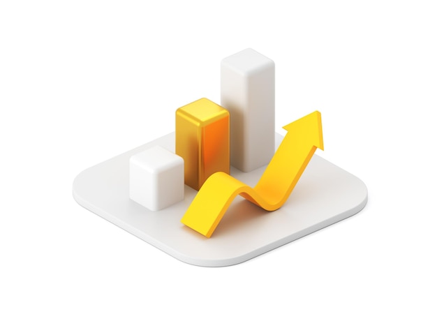 Gráfico de crecimiento de la flecha de comercio de oro y el gráfico de precios de cambio Invertir en moneda Concepto de comercio financiero empresarial Icono de diseño creativo moderno aislado sobre fondo blanco 3D Render