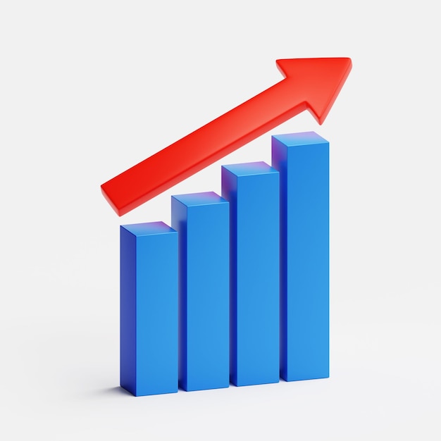 Gráfico de crecimiento gráfico de flecha aislado en fondo blanco 3d con ilustración icono gráfico ganancias éxito negocio financiero concepto de progreso de marketing aumento mercado informe de inversión de financiación objetivo