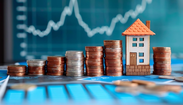 Gráfico de crecimiento de los precios de las viviendas con monedas y una casa