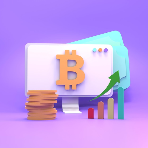 Gráfico de crecimiento de signo de Bitcoin y concepto de crecimiento de criptomoneda de dinero 3d render