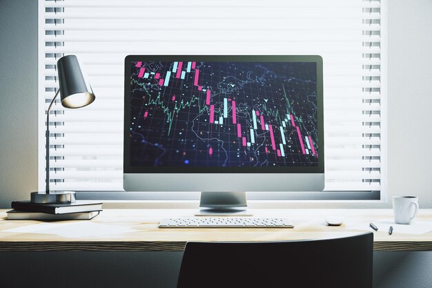Gráfico de crisis global abstracto creativo con boceto de mapa del mundo en una computadora portátil moderna monitoree la caída de los mercados y el colapso del concepto de economía global Rendering 3D