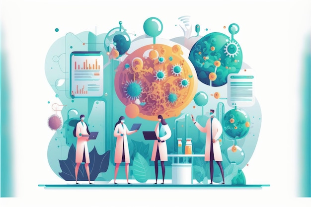 Un gráfico de cuatro científicos trabajando en un laboratorio con un gráfico del futuro.