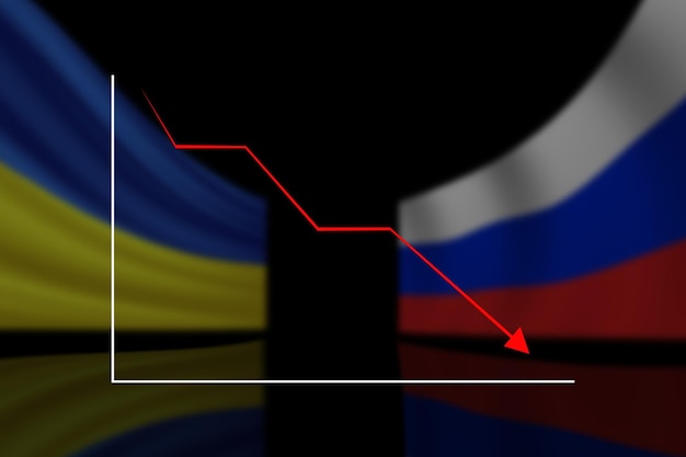 Gráfico da recessão no contexto das bandeiras da rússia e da ucrânia