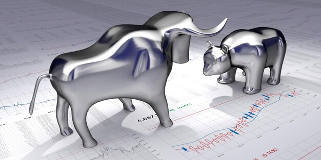 Gráfico de datos financieros de toro y oso concepto de mercado bursátil ilustración 3D