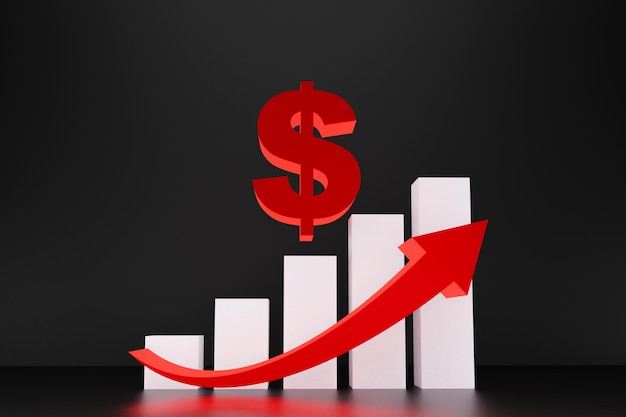 Gráfico de aumento com cor de dólar vermelho e branco com fundo preto