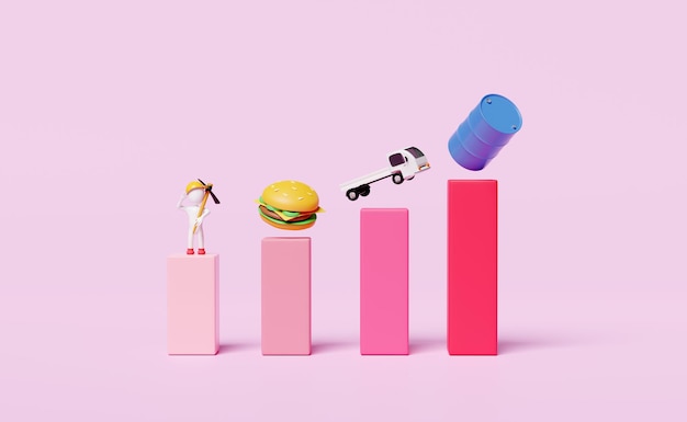 Foto gráfico de barras 3d com barril de óleo de alimentos, caminhão de entrega, ícone de salário isolado em fundo rosa, alta inflação, economia de dinheiro, aumento de preço, conceito de renderização 3d.