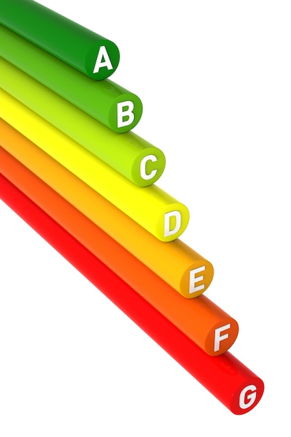 Foto gráfico de barras 3d, conceito de eficiência energética, isolado no fundo branco
