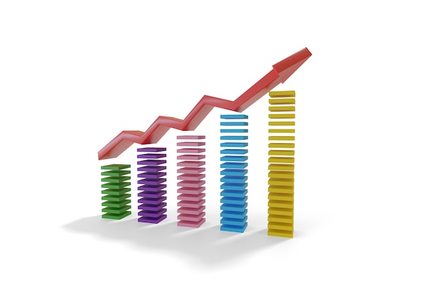 Gráfico de barras de crescimento com seta em três dimensões.