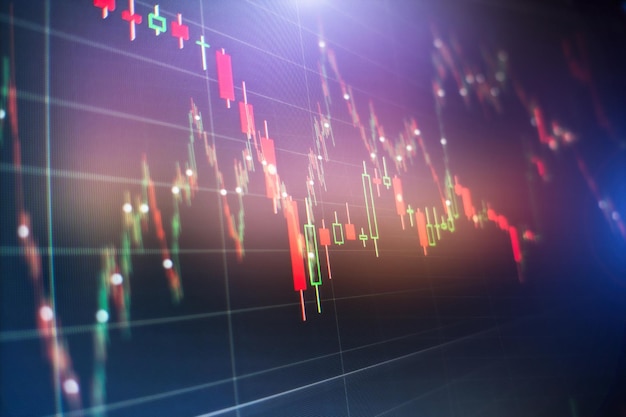 Gráfico de castiçal financeiro abstrato com gráfico de linhas e números de ações, dados financeiros em um monitor que inclui análise de mercado. Gráficos de barras, diagramas, números financeiros.