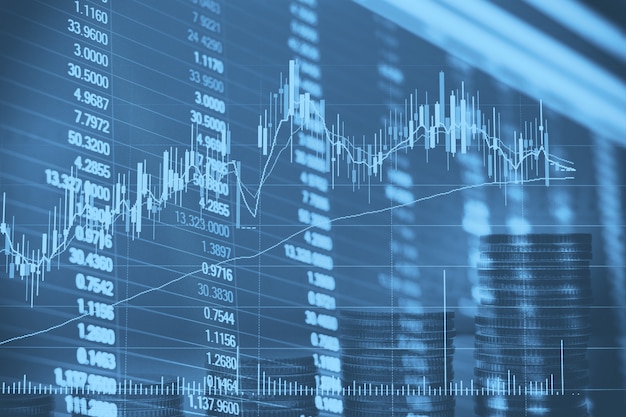 Gráfico de castiçal financeiro abstrato com gráfico de linhas e números de ações