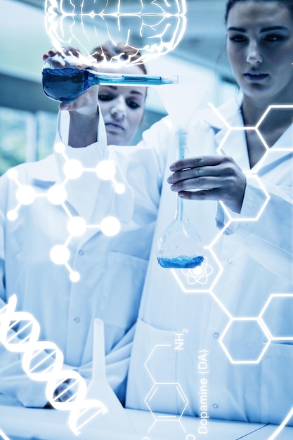 Gráfico de ciência contra retrato de cientistas despejando líquido em um frasco