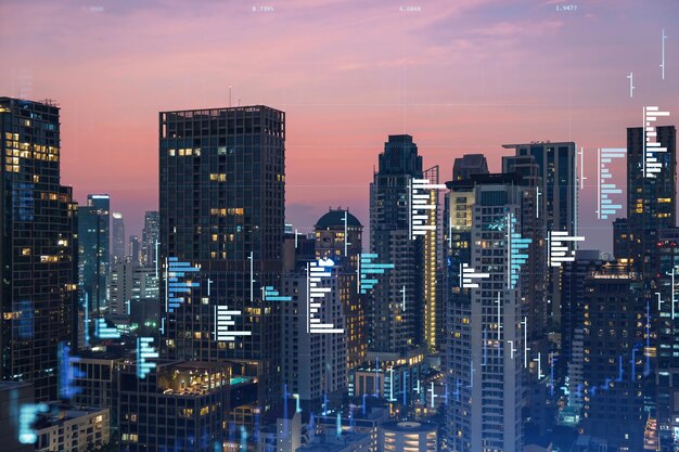 Gráfico de comportamento do mercado holograma pôr do sol vista panorâmica da cidade de bangkok localização popular para alcançar grau financeiro no sudeste asiático o conceito de análise de dados financeiros dupla exposição