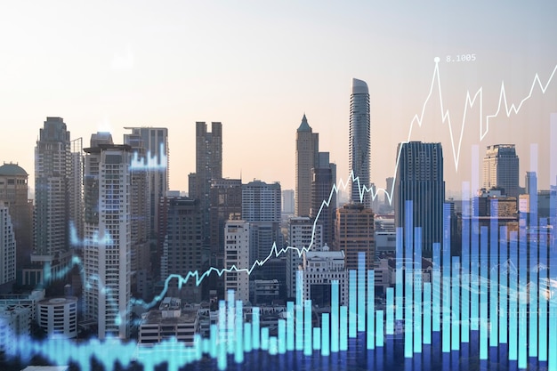 Gráfico de comportamento do mercado holograma vista panorâmica da cidade de Bangkok local popular para alcançar o grau financeiro no sudeste da Ásia O conceito de análise de dados financeiros Dupla exposição