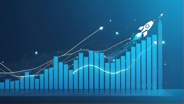 Gráfico de crescimento abstrato com foguete de lançamento em fundo azul de tecnologia