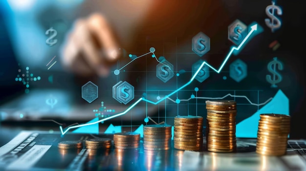 Gráfico de crescimento da pilha de moedas de dinheiro Investimento de Finanças Empresariais Poupa dinheiro Conceito de Investimento