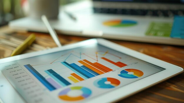 Foto gráfico de crescimento de negócios análise de sucesso diagrama de investimento finanças marketing segurar tablet e acima há gráfico de barras finanças de investimento que39s diagrama inversamente proporcional