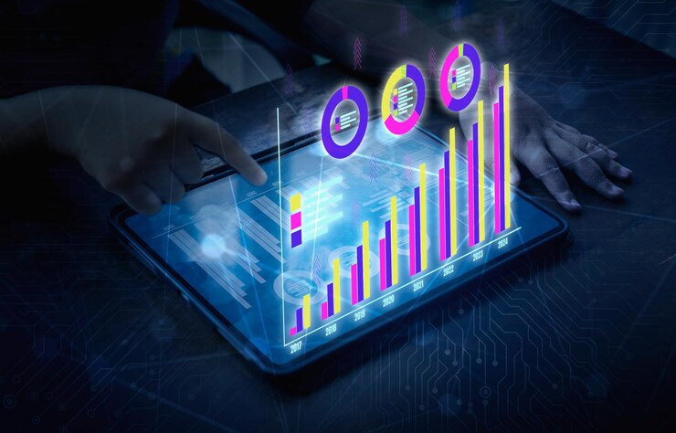 Gráfico de crescimento de negócios mostra gráfico de marketing analisando mudanças no mercado de ações em 2024