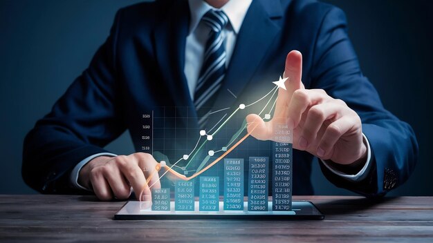 Gráfico de crescimento de toque de empresário e análise de dados de vendas financeiras com gráfico de crescimento econômico